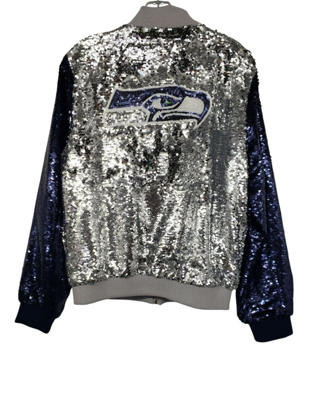 Seattle Seahawks Sequins Silver Blue Bomber Jacket Womens M Medium NFL Bling - Picture 2 of 16